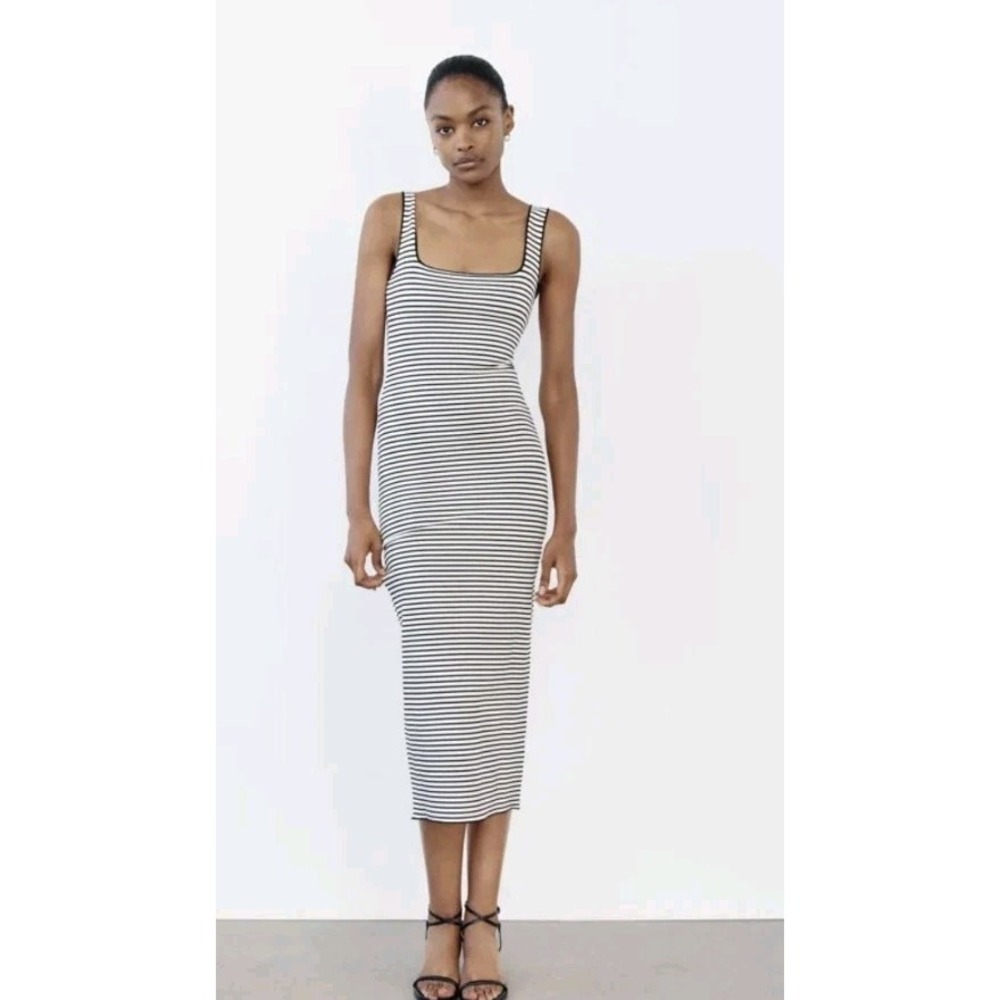Zara Striped Stretch Knit Midi Dress Black/White Size S NWT